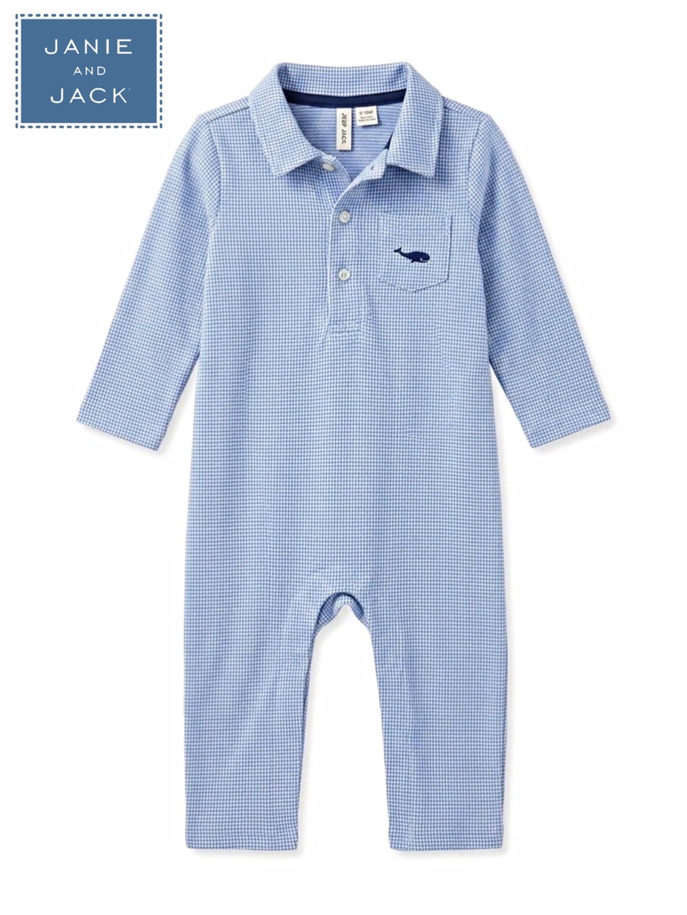 Janie and Jack Long-Sleeve Romper Featuring a Blue & White Micro-Houndstooth